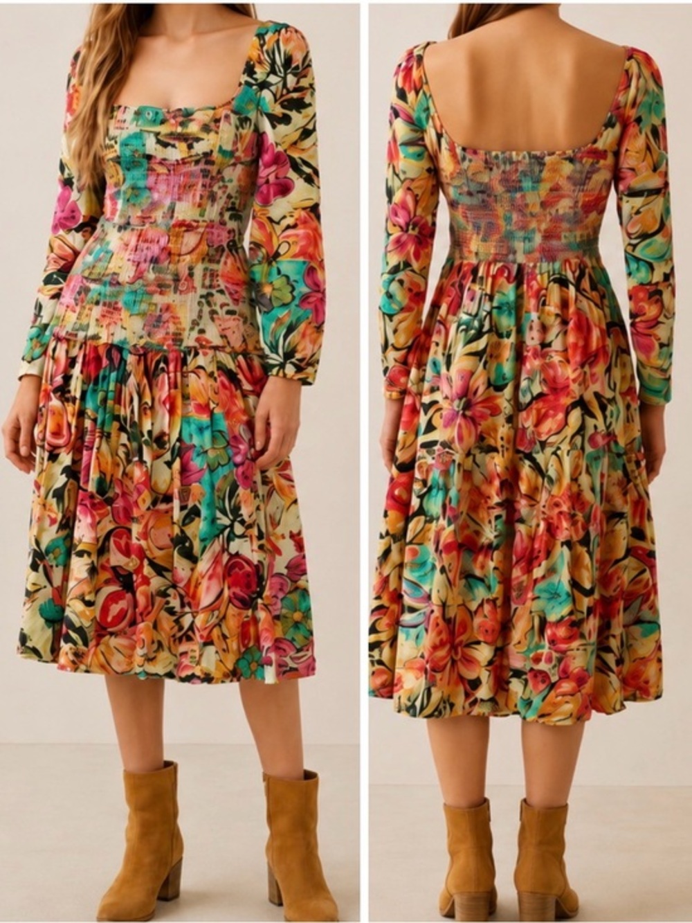 Hemant & Nandita Aroha Pink Red Floral Puff Sleeve Smocked Boho Midi Dress